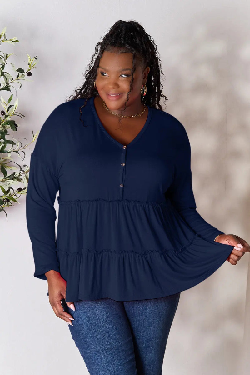 Double Take Half Button Long Sleeve Ruffle Hem Blouse - Love Salve